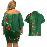 Hawaiian Taro Leaves-Hibiscus and Plumeria Couples Matching Off Shoulder Short Dress and Hawaiian Shirt Polynesian Art-Kakau Tattoo Green LT03 - Polynesian Pride