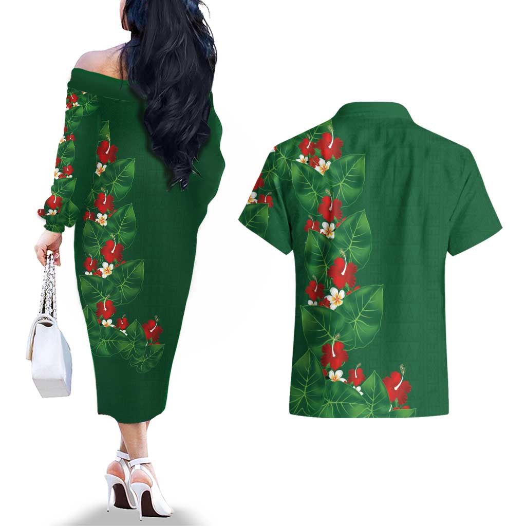 Hawaiian Taro Leaves-Hibiscus and Plumeria Couples Matching Off The Shoulder Long Sleeve Dress and Hawaiian Shirt Polynesian Art-Kakau Tattoo Green LT03 - Polynesian Pride