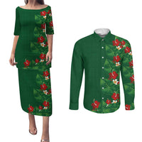 Hawaiian Taro Leaves-Hibiscus and Plumeria Couples Matching Puletasi and Long Sleeve Button Shirt Polynesian Art-Kakau Tattoo Green LT03 Green - Polynesian Pride
