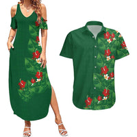 Hawaiian Taro Leaves-Hibiscus and Plumeria Couples Matching Summer Maxi Dress and Hawaiian Shirt Polynesian Art-Kakau Tattoo Green LT03 Green - Polynesian Pride