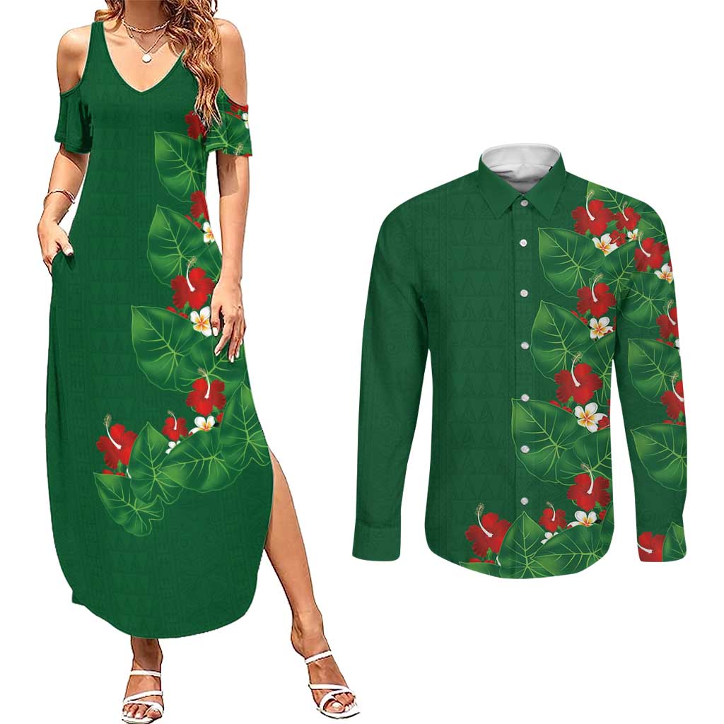 Hawaiian Taro Leaves-Hibiscus and Plumeria Couples Matching Summer Maxi Dress and Long Sleeve Button Shirt Polynesian Art-Kakau Tattoo Green