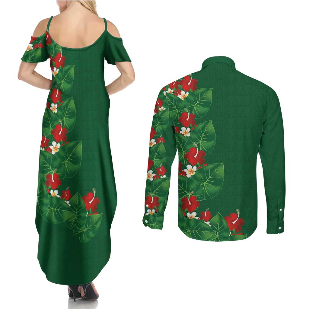 Hawaiian Taro Leaves-Hibiscus and Plumeria Couples Matching Summer Maxi Dress and Long Sleeve Button Shirt Polynesian Art-Kakau Tattoo Green LT03 - Polynesian Pride