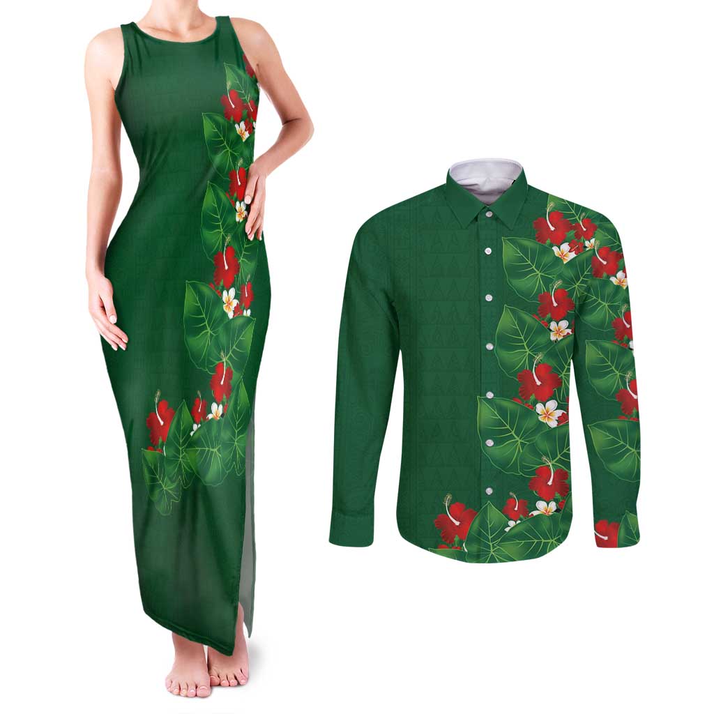 Hawaiian Taro Leaves-Hibiscus and Plumeria Couples Matching Tank Maxi Dress and Long Sleeve Button Shirt Polynesian Art-Kakau Tattoo Green LT03 Green - Polynesian Pride