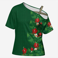 Hawaiian Taro Leaves-Hibiscus and Plumeria Cross Shoulder Shirt Polynesian Art-Kakau Tattoo Green LT03 Female Green - Polynesian Pride