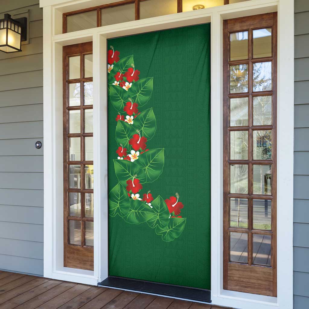 Hawaiian Taro Leaves-Hibiscus and Plumeria Door Cover Polynesian Art-Kakau Tattoo Green LT03 - Polynesian Pride
