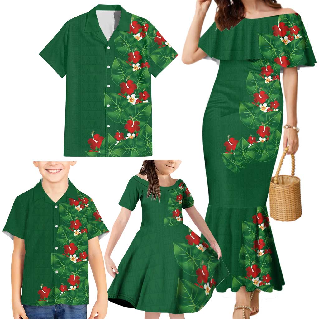 Hawaiian Taro Leaves-Hibiscus and Plumeria Family Matching Mermaid Dress and Hawaiian Shirt Polynesian Art-Kakau Tattoo Green