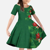 Hawaiian Taro Leaves-Hibiscus and Plumeria Family Matching Off Shoulder Maxi Dress and Hawaiian Shirt Polynesian Art-Kakau Tattoo Green LT03 Daughter's Dress Green - Polynesian Pride