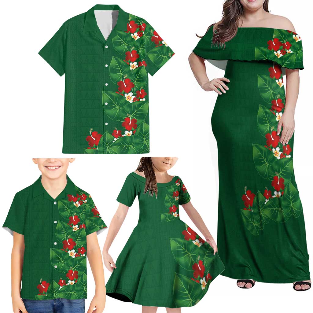 Hawaiian Taro Leaves-Hibiscus and Plumeria Family Matching Off Shoulder Maxi Dress and Hawaiian Shirt Polynesian Art-Kakau Tattoo Green LT03 - Polynesian Pride