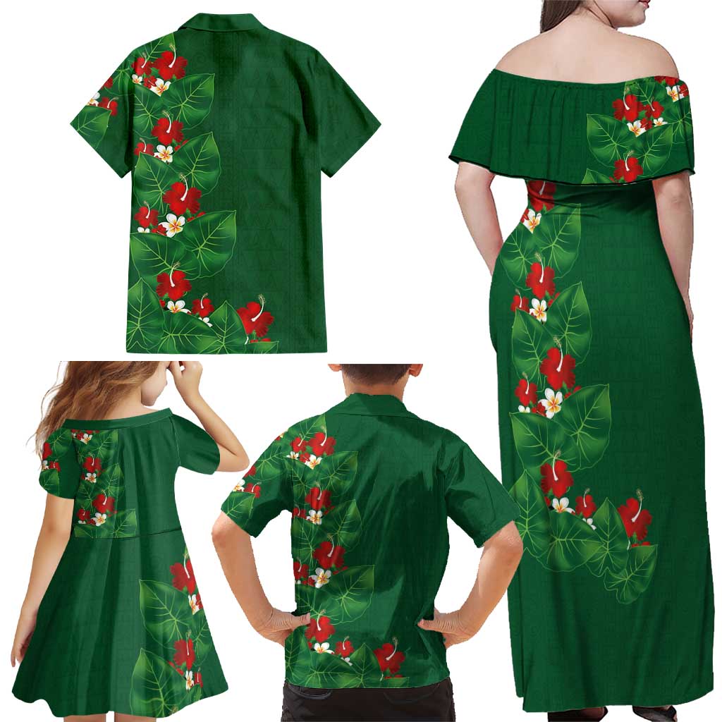 Hawaiian Taro Leaves-Hibiscus and Plumeria Family Matching Off Shoulder Maxi Dress and Hawaiian Shirt Polynesian Art-Kakau Tattoo Green LT03 - Polynesian Pride