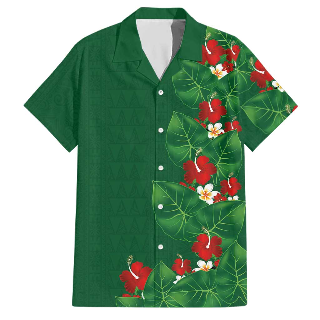 Hawaiian Taro Leaves-Hibiscus and Plumeria Family Matching Off Shoulder Maxi Dress and Hawaiian Shirt Polynesian Art-Kakau Tattoo Green LT03 Dad's Shirt - Short Sleeve Green - Polynesian Pride