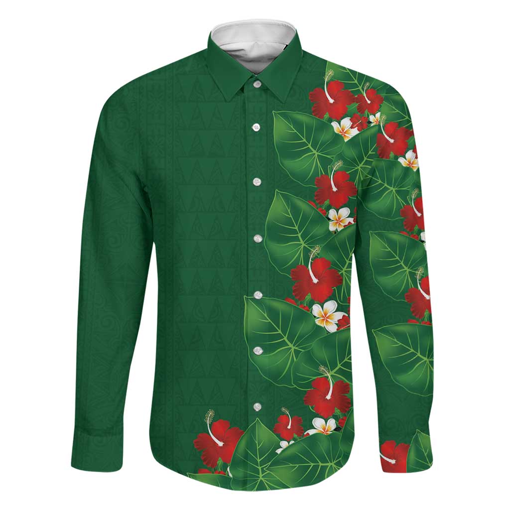 Hawaiian Taro Leaves-Hibiscus and Plumeria Family Matching Off Shoulder Maxi Dress and Hawaiian Shirt Polynesian Art-Kakau Tattoo Green LT03 Dad's Shirt - Long Sleeve Green - Polynesian Pride