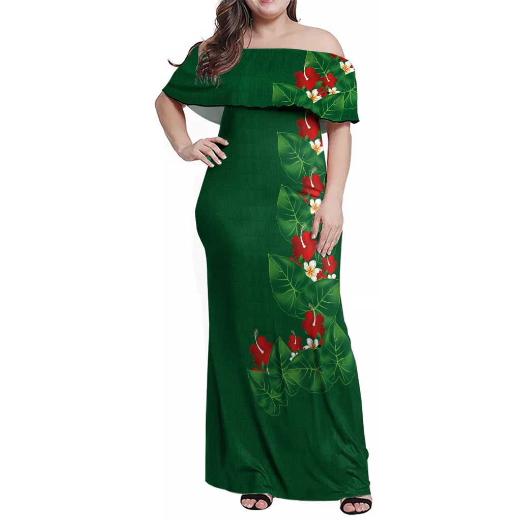 Hawaiian Taro Leaves-Hibiscus and Plumeria Family Matching Off Shoulder Maxi Dress and Hawaiian Shirt Polynesian Art-Kakau Tattoo Green LT03 Mom's Dress Green - Polynesian Pride