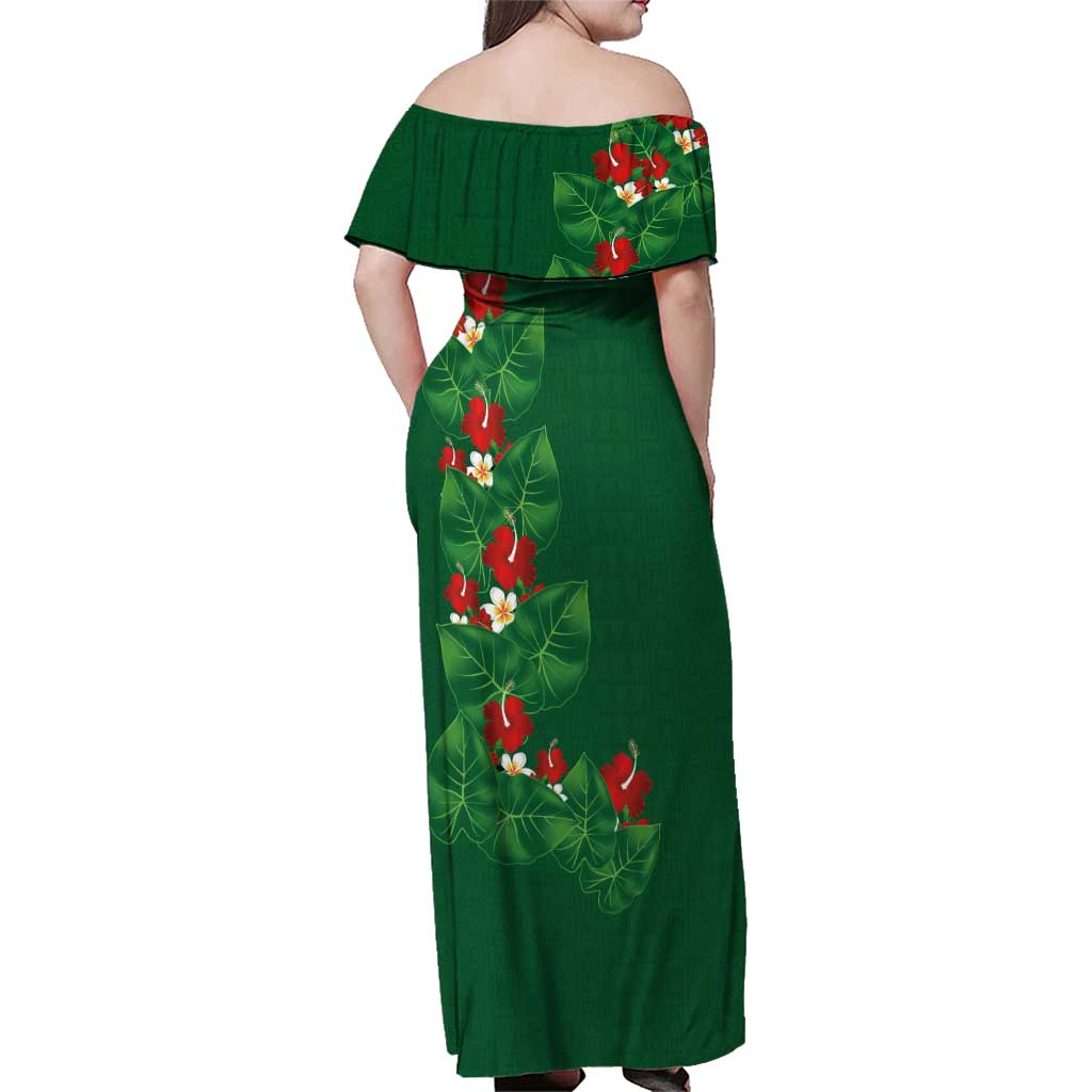 Hawaiian Taro Leaves-Hibiscus and Plumeria Family Matching Off Shoulder Maxi Dress and Hawaiian Shirt Polynesian Art-Kakau Tattoo Green LT03 - Polynesian Pride