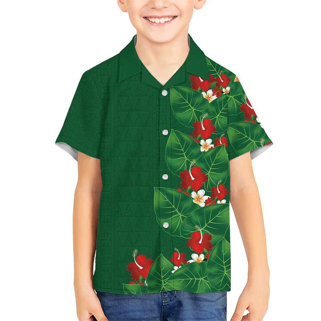 Hawaiian Taro Leaves-Hibiscus and Plumeria Family Matching Off Shoulder Maxi Dress and Hawaiian Shirt Polynesian Art-Kakau Tattoo Green LT03 Son's Shirt Green - Polynesian Pride