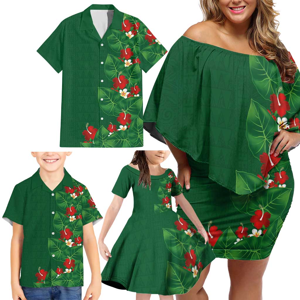 Hawaiian Taro Leaves-Hibiscus and Plumeria Family Matching Off Shoulder Short Dress and Hawaiian Shirt Polynesian Art-Kakau Tattoo Green LT03 - Polynesian Pride