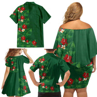 Hawaiian Taro Leaves-Hibiscus and Plumeria Family Matching Off Shoulder Short Dress and Hawaiian Shirt Polynesian Art-Kakau Tattoo Green LT03 - Polynesian Pride