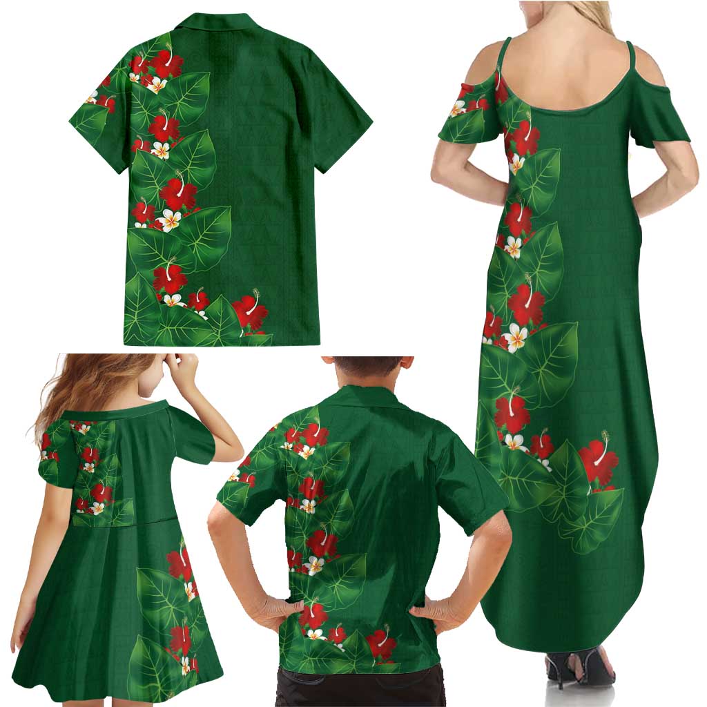 Hawaiian Taro Leaves-Hibiscus and Plumeria Family Matching Summer Maxi Dress and Hawaiian Shirt Polynesian Art-Kakau Tattoo Green LT03 - Polynesian Pride