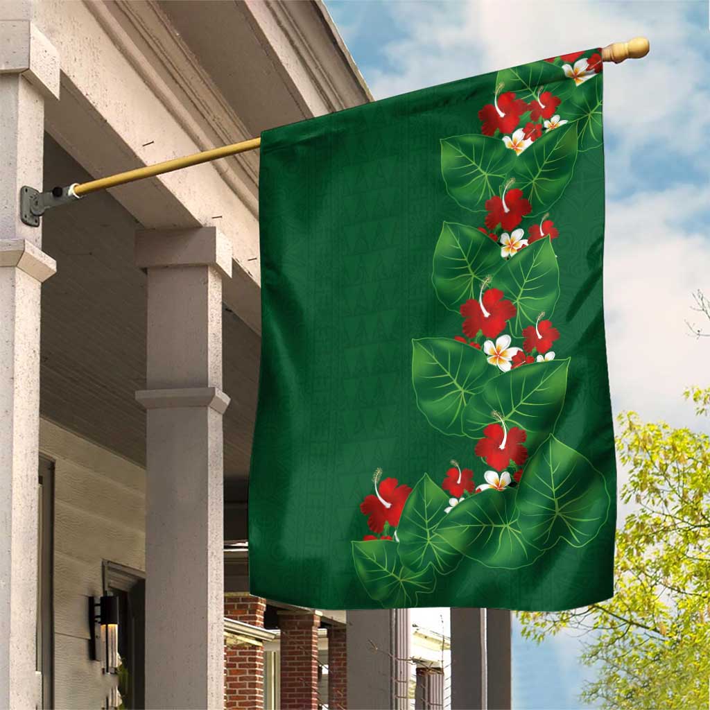 Hawaiian Taro Leaves-Hibiscus and Plumeria Garden Flag Polynesian Art-Kakau Tattoo Green LT03 House Flag Green - Polynesian Pride