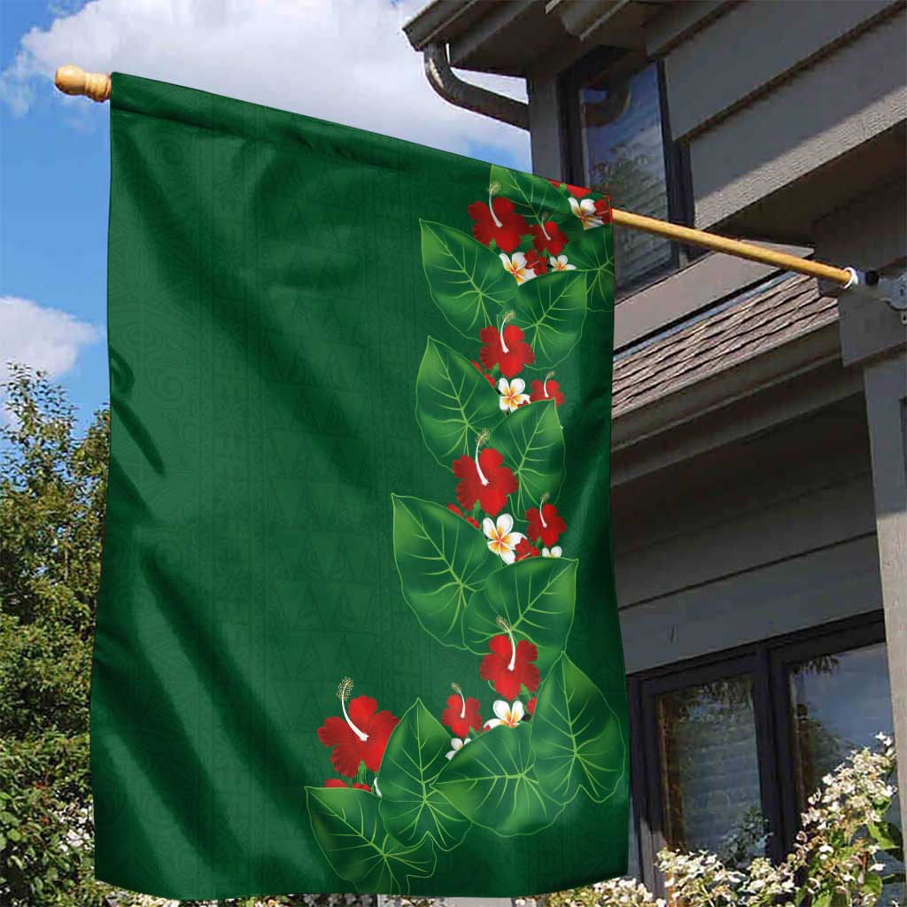 Hawaiian Taro Leaves-Hibiscus and Plumeria Garden Flag Polynesian Art-Kakau Tattoo Green LT03 - Polynesian Pride
