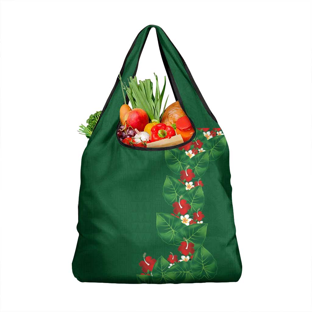 Hawaiian Taro Leaves-Hibiscus and Plumeria Grocery Bag Polynesian Art-Kakau Tattoo Green LT03 1-pack One Size Green - Polynesian Pride