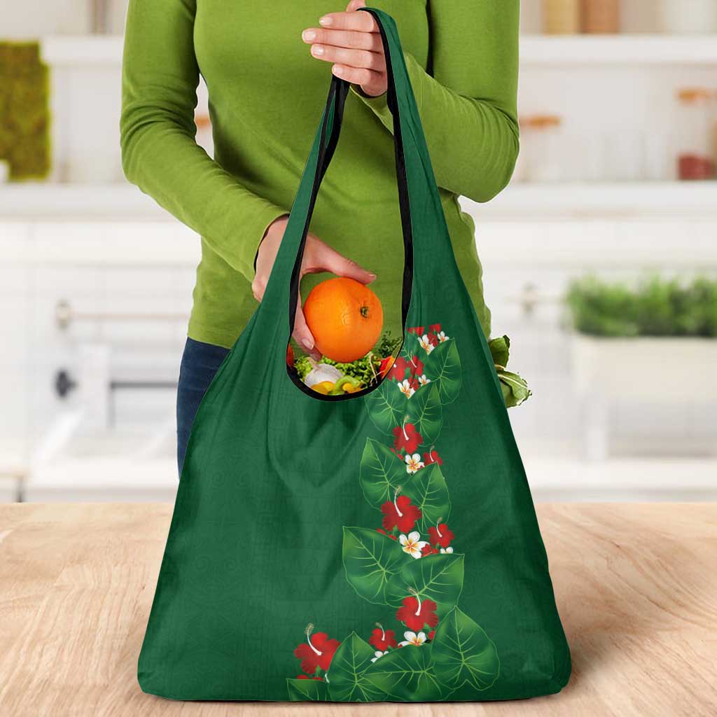 Hawaiian Taro Leaves-Hibiscus and Plumeria Grocery Bag Polynesian Art-Kakau Tattoo Green LT03 - Polynesian Pride