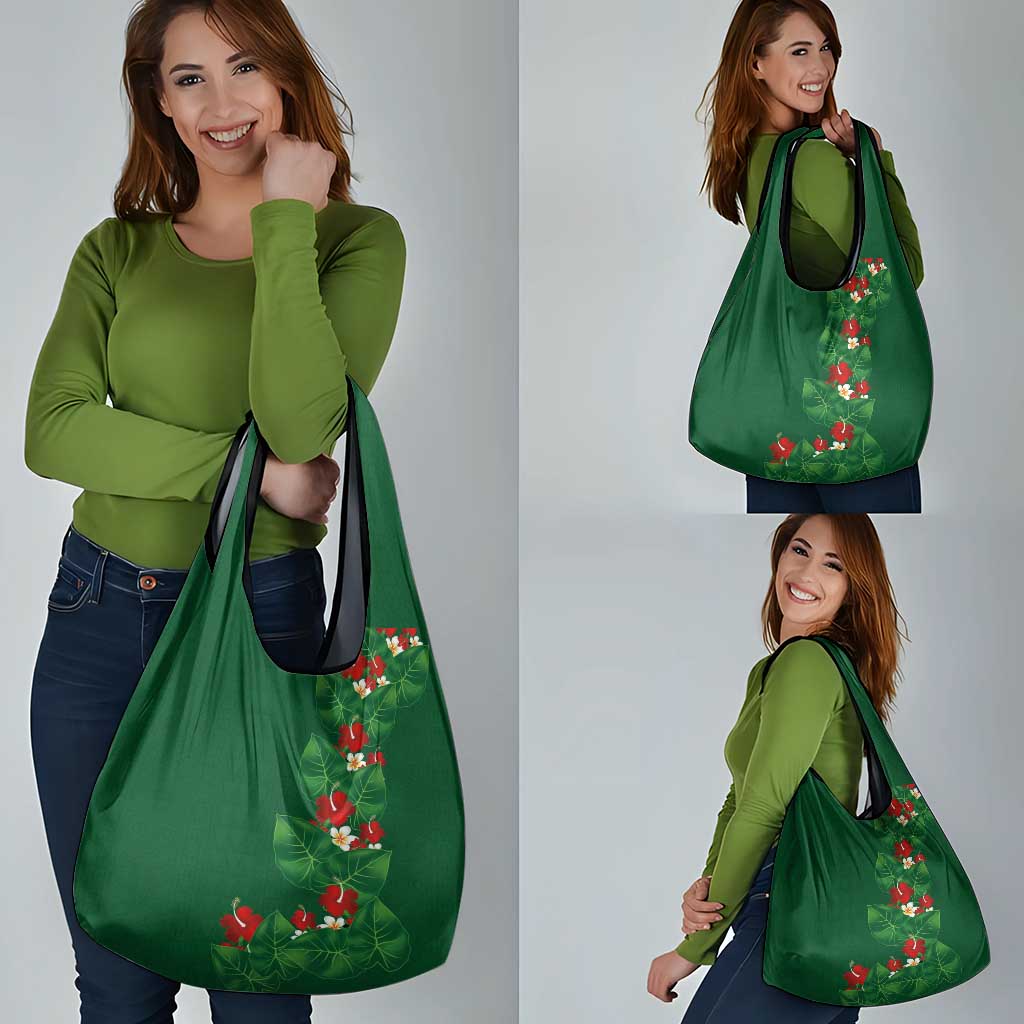 Hawaiian Taro Leaves-Hibiscus and Plumeria Grocery Bag Polynesian Art-Kakau Tattoo Green LT03 - Polynesian Pride