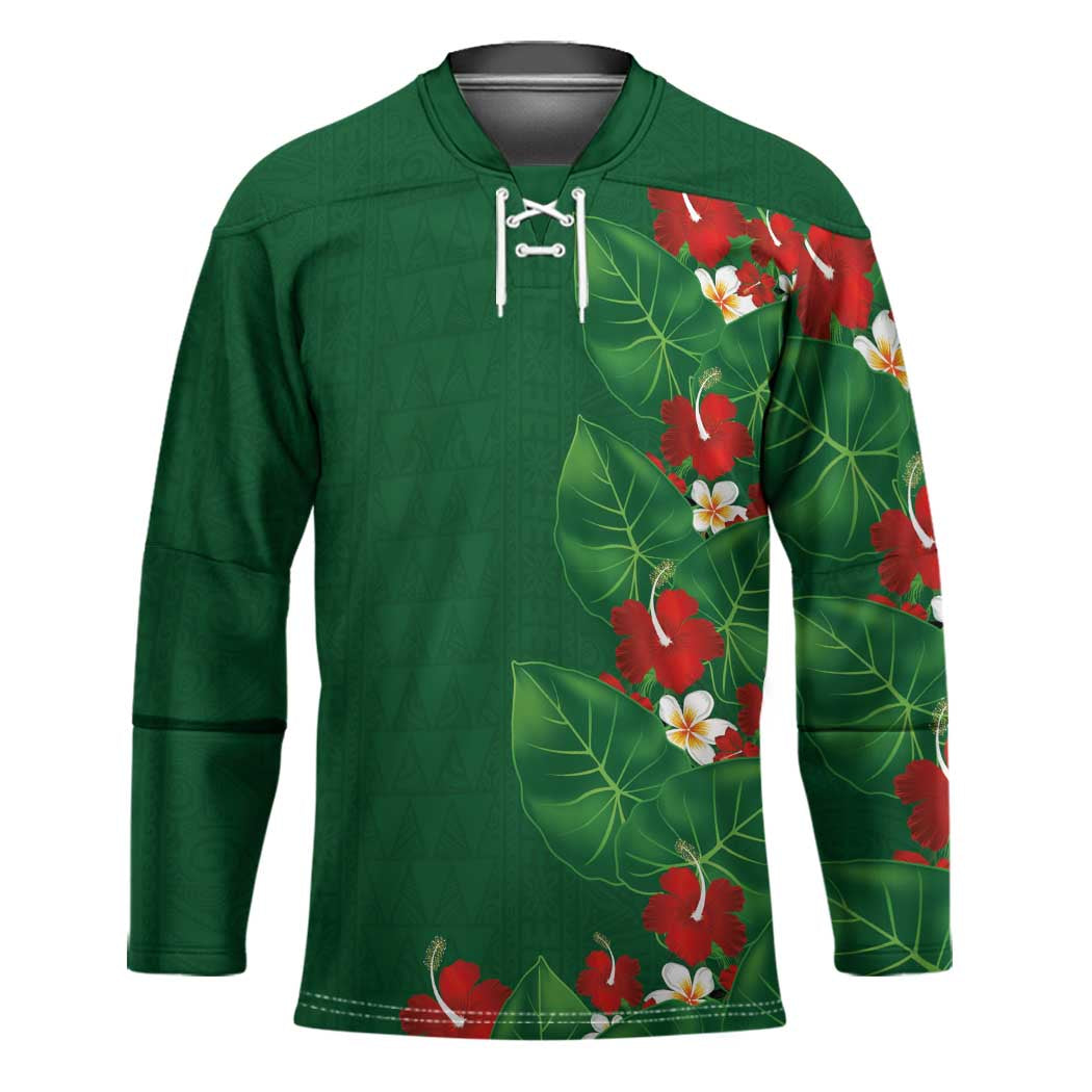 Hawaiian Taro Leaves-Hibiscus and Plumeria Hockey Jersey Polynesian Art-Kakau Tattoo Green LT03 Unisex Green - Polynesian Pride