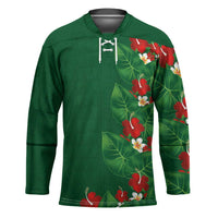 Hawaiian Taro Leaves-Hibiscus and Plumeria Hockey Jersey Polynesian Art-Kakau Tattoo Green LT03 Unisex Green - Polynesian Pride