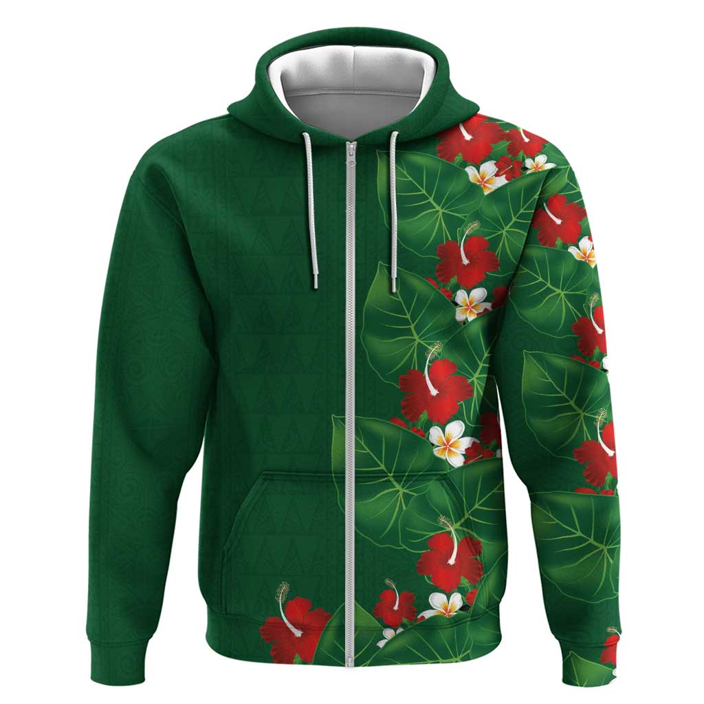 Hawaiian Taro Leaves-Hibiscus and Plumeria Hoodie Polynesian Art-Kakau Tattoo Green LT03 Zip Hoodie Green - Polynesian Pride