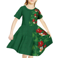 Hawaiian Taro Leaves-Hibiscus and Plumeria Kid Short Sleeve Dress Polynesian Art-Kakau Tattoo Green LT03 - Polynesian Pride