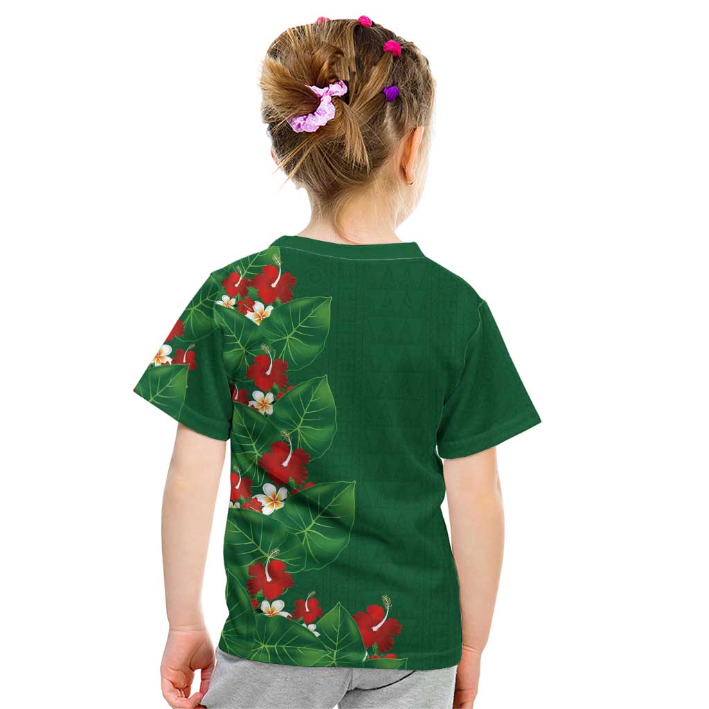 Hawaiian Taro Leaves-Hibiscus and Plumeria Kid T Shirt Polynesian Art-Kakau Tattoo Green LT03 - Polynesian Pride