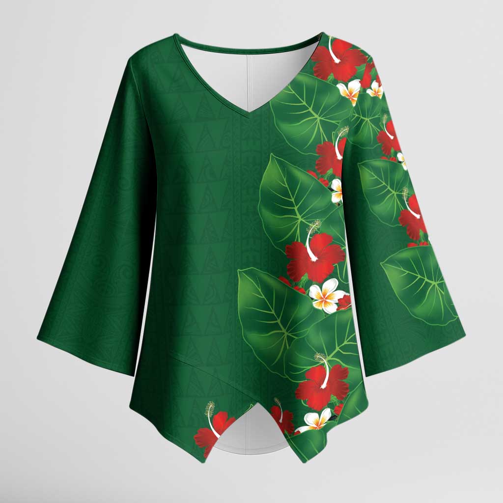 Hawaiian Taro Leaves-Hibiscus and Plumeria Kimono Sleeve Blouse Polynesian Art-Kakau Tattoo Green