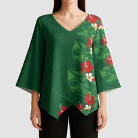Hawaiian Taro Leaves-Hibiscus and Plumeria Kimono Sleeve Blouse Polynesian Art-Kakau Tattoo Green LT03 - Polynesian Pride