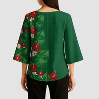 Hawaiian Taro Leaves-Hibiscus and Plumeria Kimono Sleeve Blouse Polynesian Art-Kakau Tattoo Green LT03 - Polynesian Pride