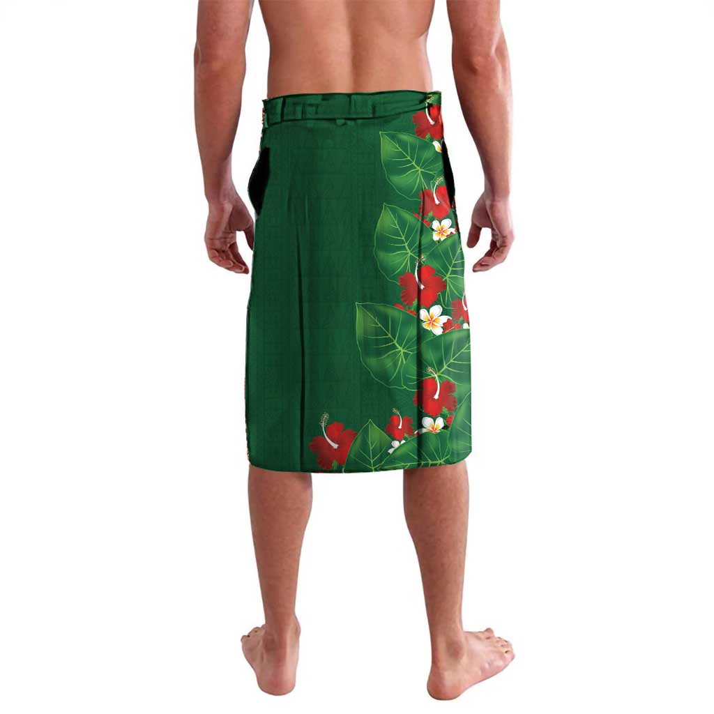 Hawaiian Taro Leaves-Hibiscus and Plumeria Lavalava Polynesian Art-Kakau Tattoo Green
