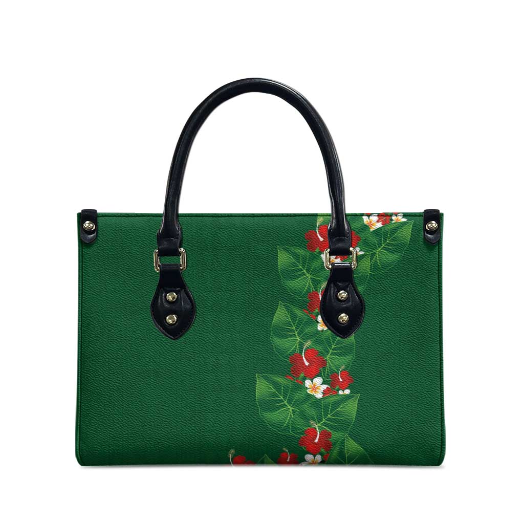 Hawaiian Taro Leaves-Hibiscus and Plumeria Leather Bag Polynesian Art-Kakau Tattoo Green