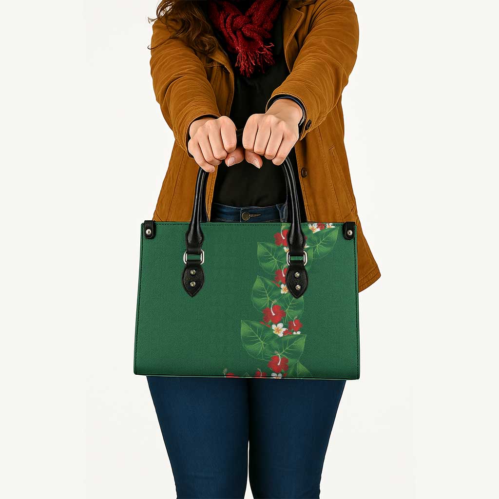 Hawaiian Taro Leaves-Hibiscus and Plumeria Leather Bag Polynesian Art-Kakau Tattoo Green