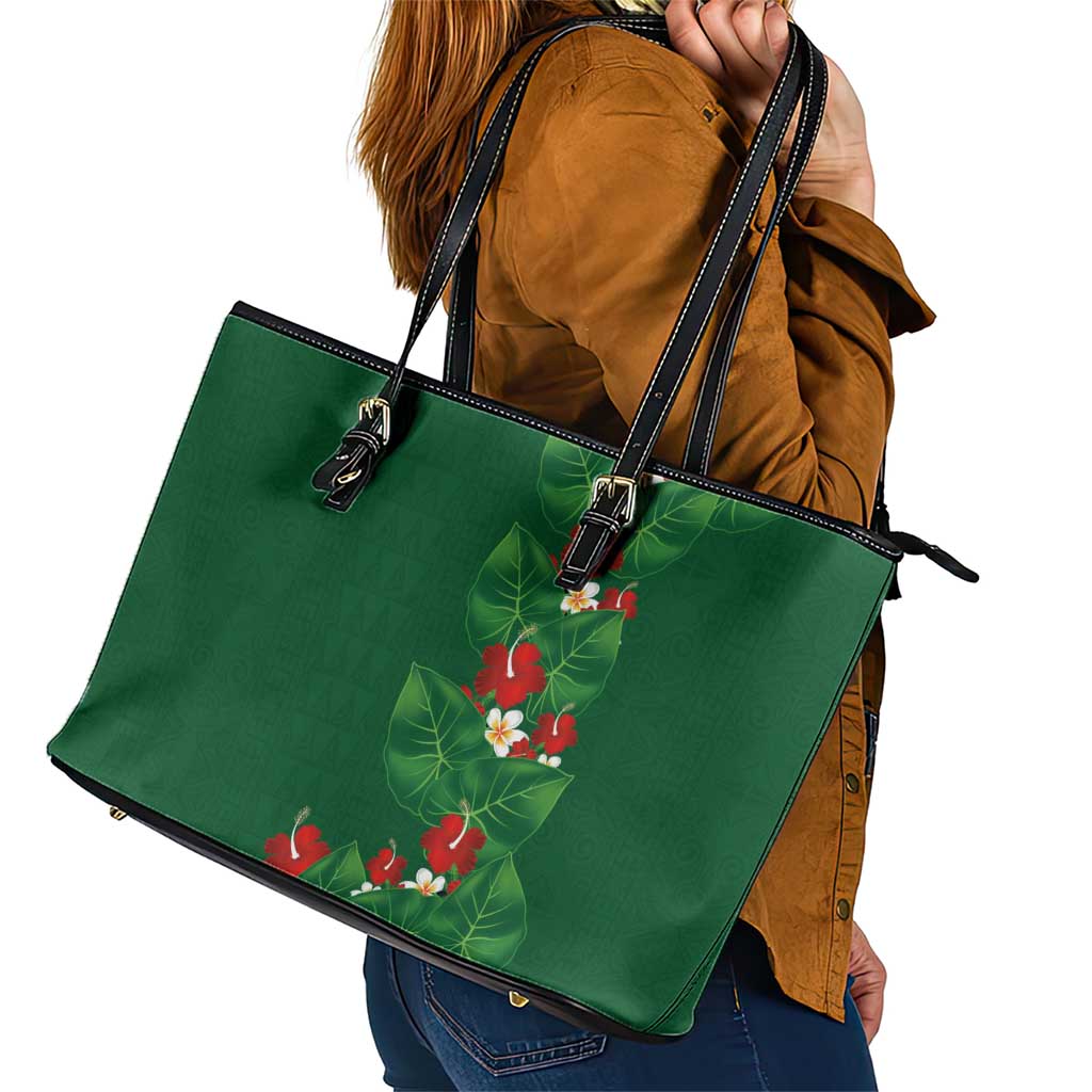 Hawaiian Taro Leaves-Hibiscus and Plumeria Leather Tote Bag Polynesian Art-Kakau Tattoo Green LT03 - Polynesian Pride