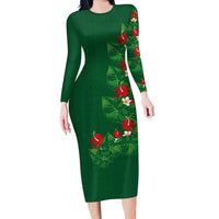 Hawaiian Taro Leaves-Hibiscus and Plumeria Long Sleeve Bodycon Dress Polynesian Art-Kakau Tattoo Green LT03 Long Dress Green - Polynesian Pride