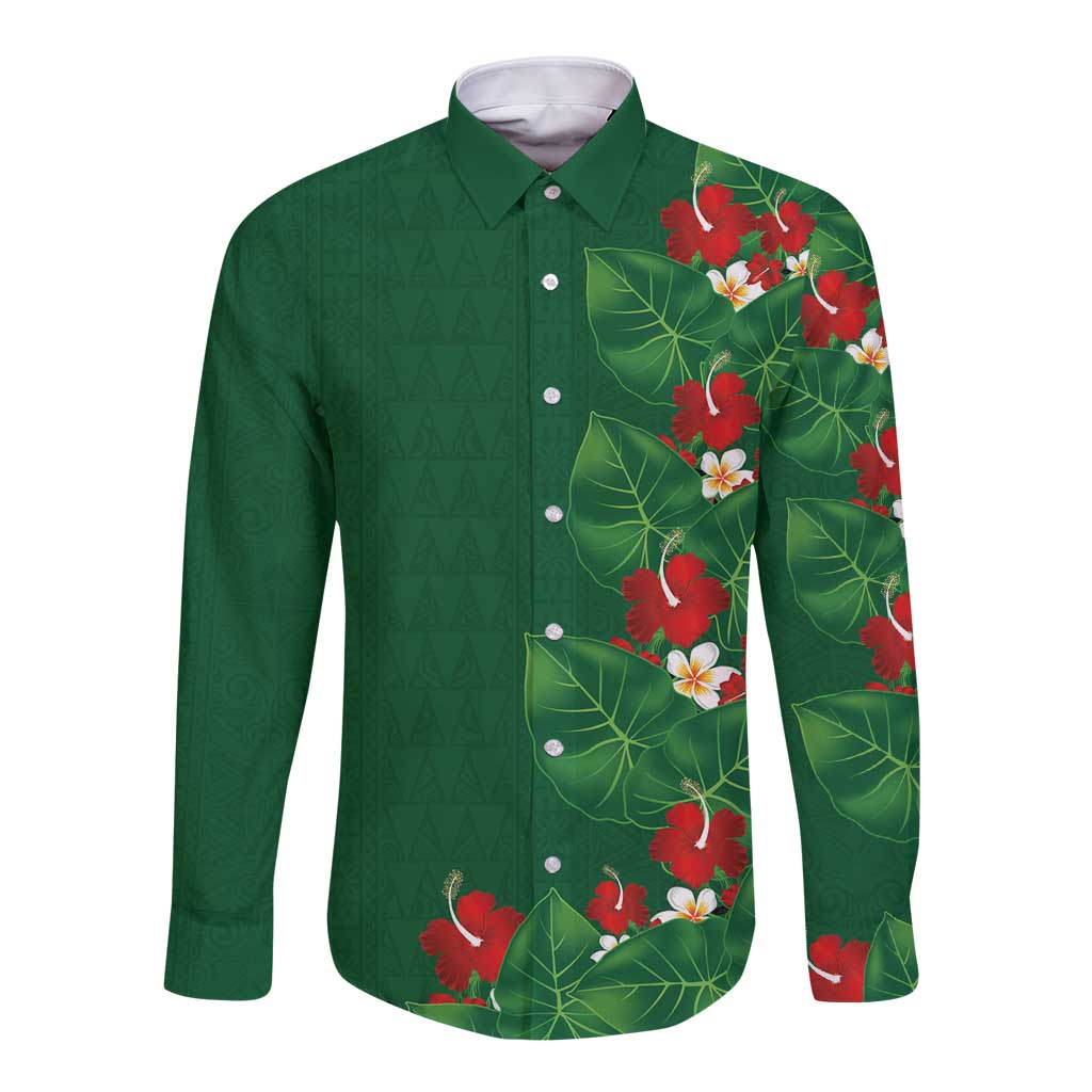 Hawaiian Taro Leaves-Hibiscus and Plumeria Long Sleeve Button Shirt Polynesian Art-Kakau Tattoo Green