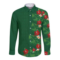 Hawaiian Taro Leaves-Hibiscus and Plumeria Long Sleeve Button Shirt Polynesian Art-Kakau Tattoo Green LT03 Unisex Green - Polynesian Pride
