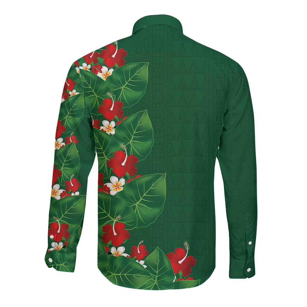 Hawaiian Taro Leaves-Hibiscus and Plumeria Long Sleeve Button Shirt Polynesian Art-Kakau Tattoo Green LT03 - Polynesian Pride