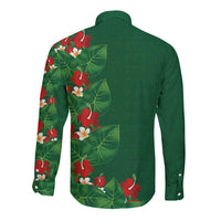 Hawaiian Taro Leaves-Hibiscus and Plumeria Long Sleeve Button Shirt Polynesian Art-Kakau Tattoo Green LT03 - Polynesian Pride
