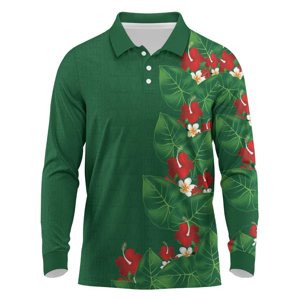 Hawaiian Taro Leaves-Hibiscus and Plumeria Long Sleeve Polo Shirt Polynesian Art-Kakau Tattoo Green