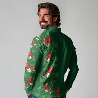 Hawaiian Taro Leaves-Hibiscus and Plumeria Long Sleeve Polo Shirt Polynesian Art-Kakau Tattoo Green LT03 - Polynesian Pride