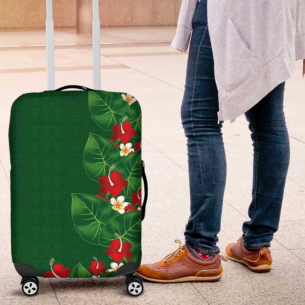 Hawaiian Taro Leaves-Hibiscus and Plumeria Luggage Cover Polynesian Art-Kakau Tattoo Green