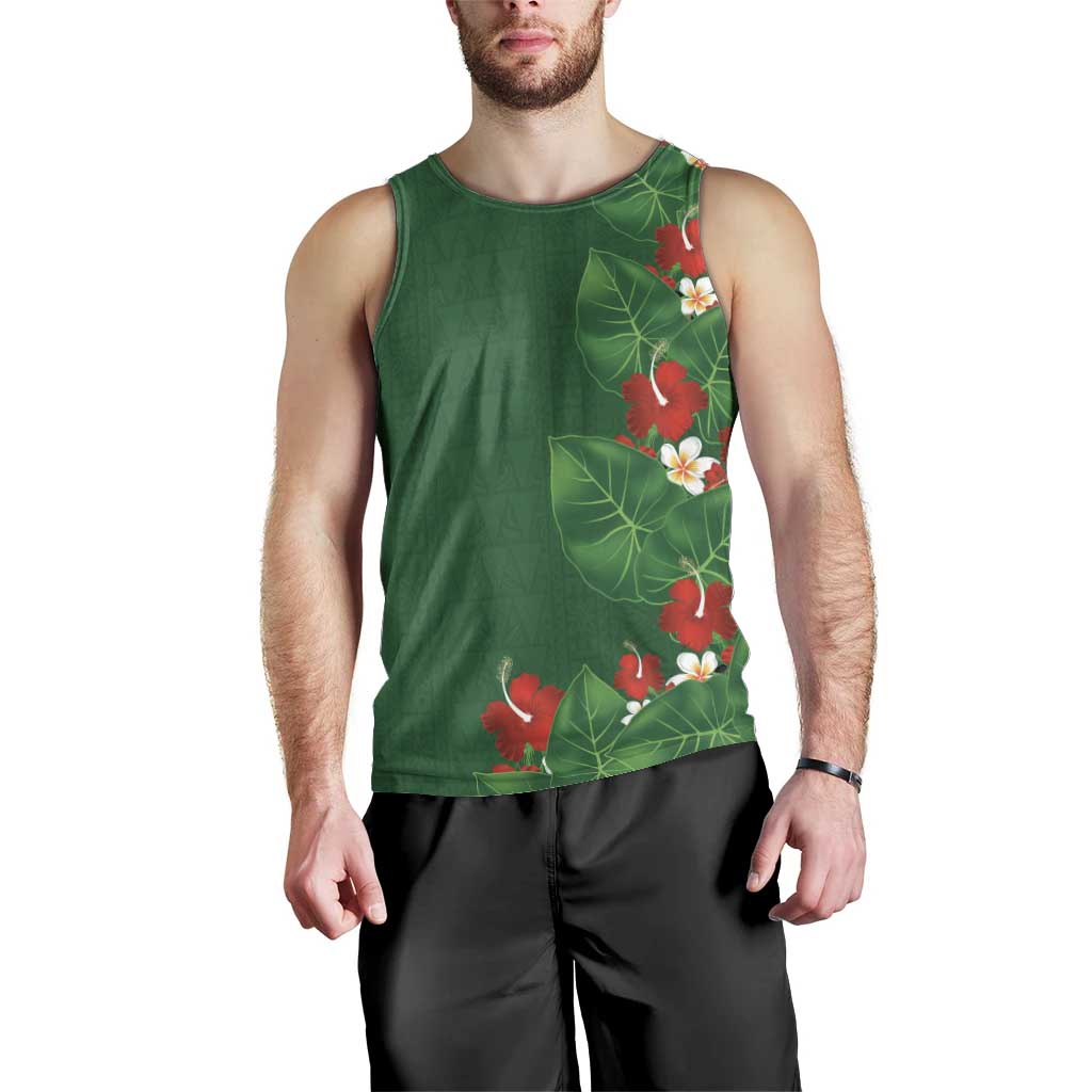 Hawaiian Taro Leaves-Hibiscus and Plumeria Men Tank Top Polynesian Art-Kakau Tattoo Green LT03 - Polynesian Pride