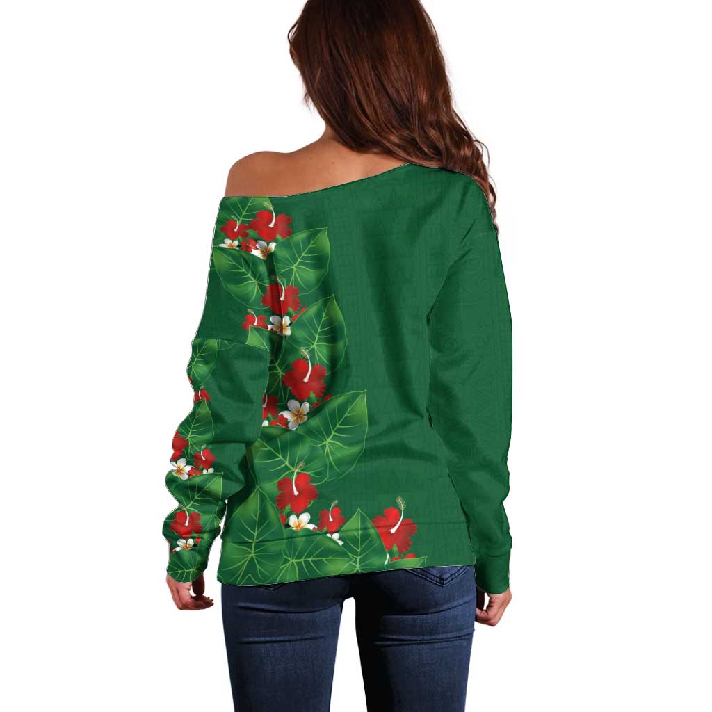 Hawaiian Taro Leaves-Hibiscus and Plumeria Off Shoulder Sweater Polynesian Art-Kakau Tattoo Green