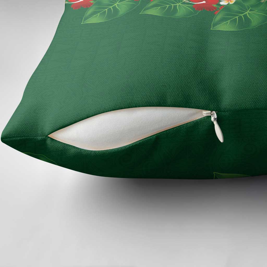 Hawaiian Taro Leaves-Hibiscus and Plumeria Pillow Cover Polynesian Art-Kakau Tattoo Green LT03 - Polynesian Pride