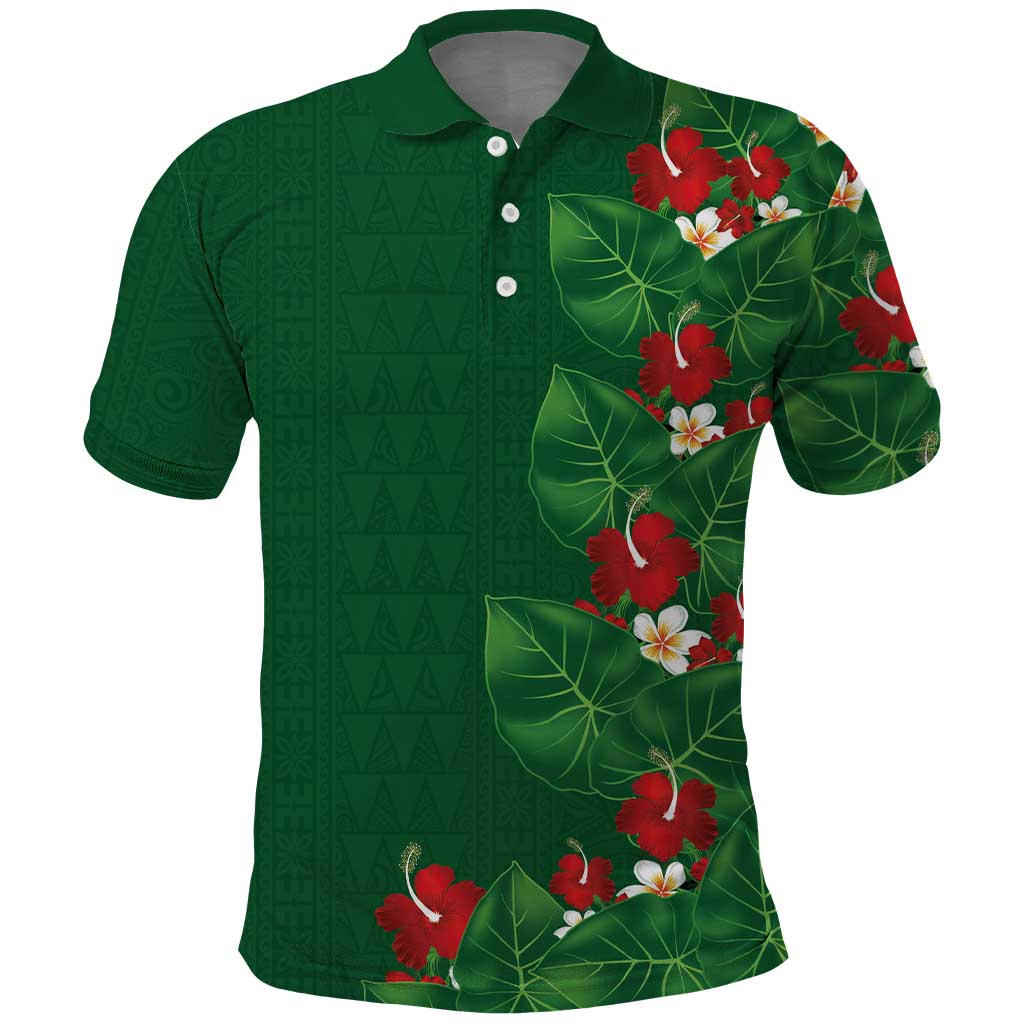 Hawaiian Taro Leaves-Hibiscus and Plumeria Polo Shirt Polynesian Art-Kakau Tattoo Green LT03 Green - Polynesian Pride